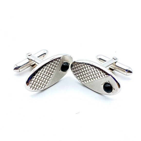 Vintage Black and Silver Tone Cuff Links, Mod Mid Century Oval, Dapper Gift - Picture 1 of 2